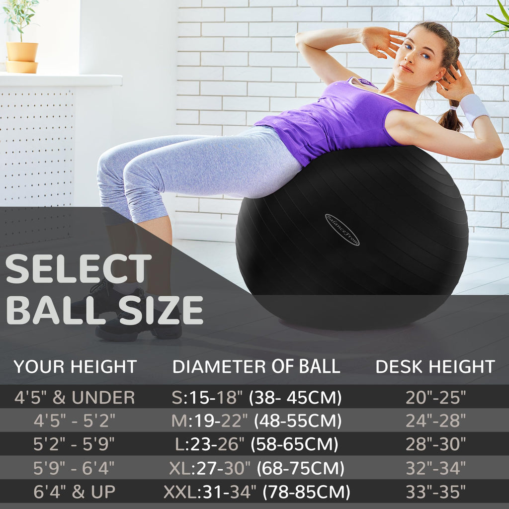 Fitvids Anti-Burst Slip Resistant Exercise Ball - 30-inch, XL, Black, 2,000-Pound Capacity, Quick Pump