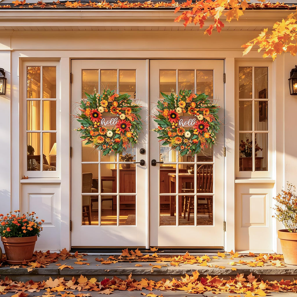 24 Inch Artificial Fall Wreaths for Front Door Outside with Hello Sign''