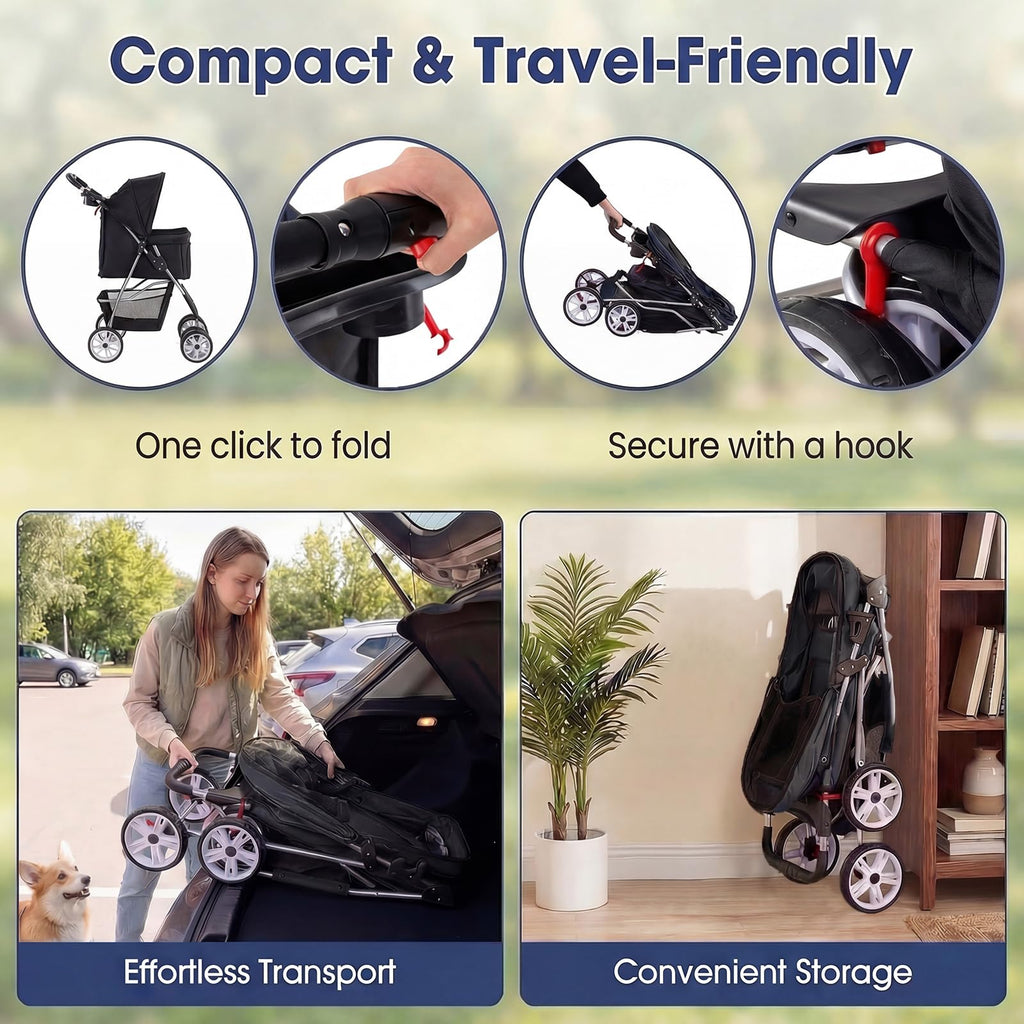 Giantex Foldable Pet Stroller for Small Dogs & Cats, Lightweight Dog Stroller with Lockable Wheels, One-Hand Quick Fold, Adjustable Canopy, Safety Leash & Storage Basket, Pet Travel Stroller, Black