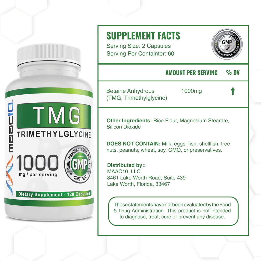 MAAC10 TMG 1000MG NSF Certified Supplement | Trimethylglycine or Betaine Anhydrous | Methylation, Homocysteine and Liver Support (120 Capsules)