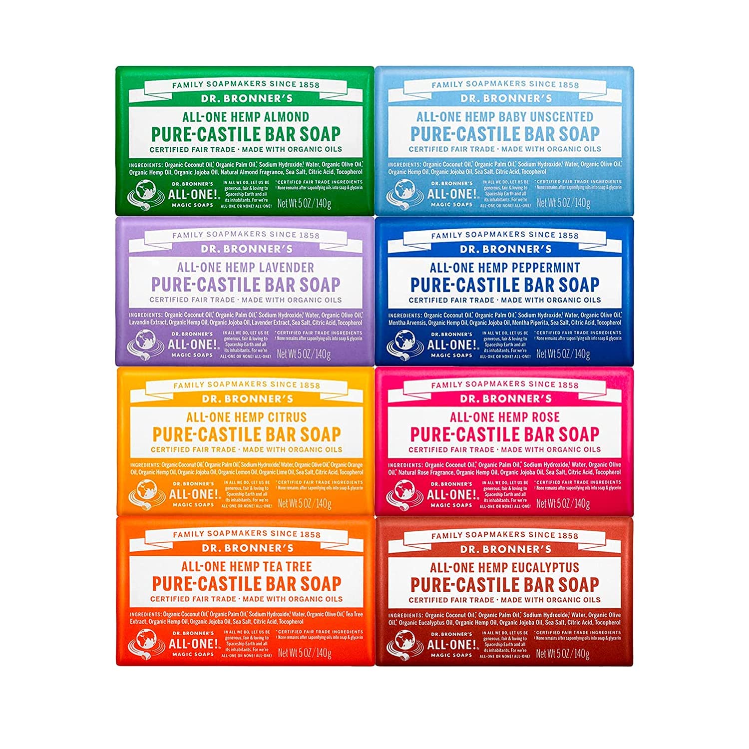 Dr. Bronner's Pure-Castile Magic Bar Soap (5 oz Variety Pack) Almond, Unscented, Lavender, Peppermint, Citrus, Rose, Tea Tree, & Eucalyptus - Made with Regenerative Organic Certified Oils, Vegan