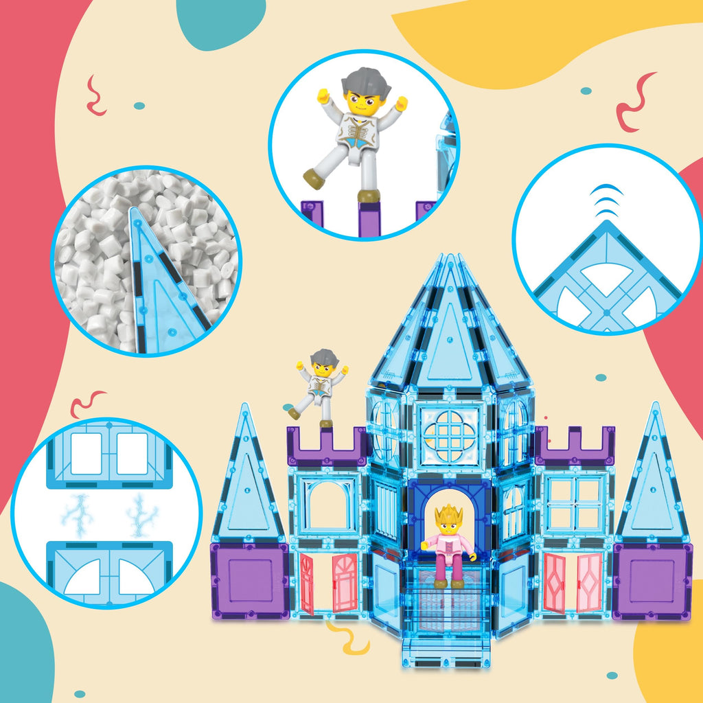 PicasssoTiles 72 Piece Magnetic Building Tiles Castle Winter Ice Theme Construction Magnet Block Set with Princess Prince Character Stairs Windows Doors STEM Learning Educational Toy Kids Ages 3+ PT72
