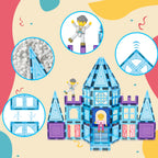 PicasssoTiles 72 Piece Magnetic Building Tiles Castle Winter Ice Theme Construction Magnet Block Set with Princess Prince Character Stairs Windows Doors STEM Learning Educational Toy Kids Ages 3+ PT72