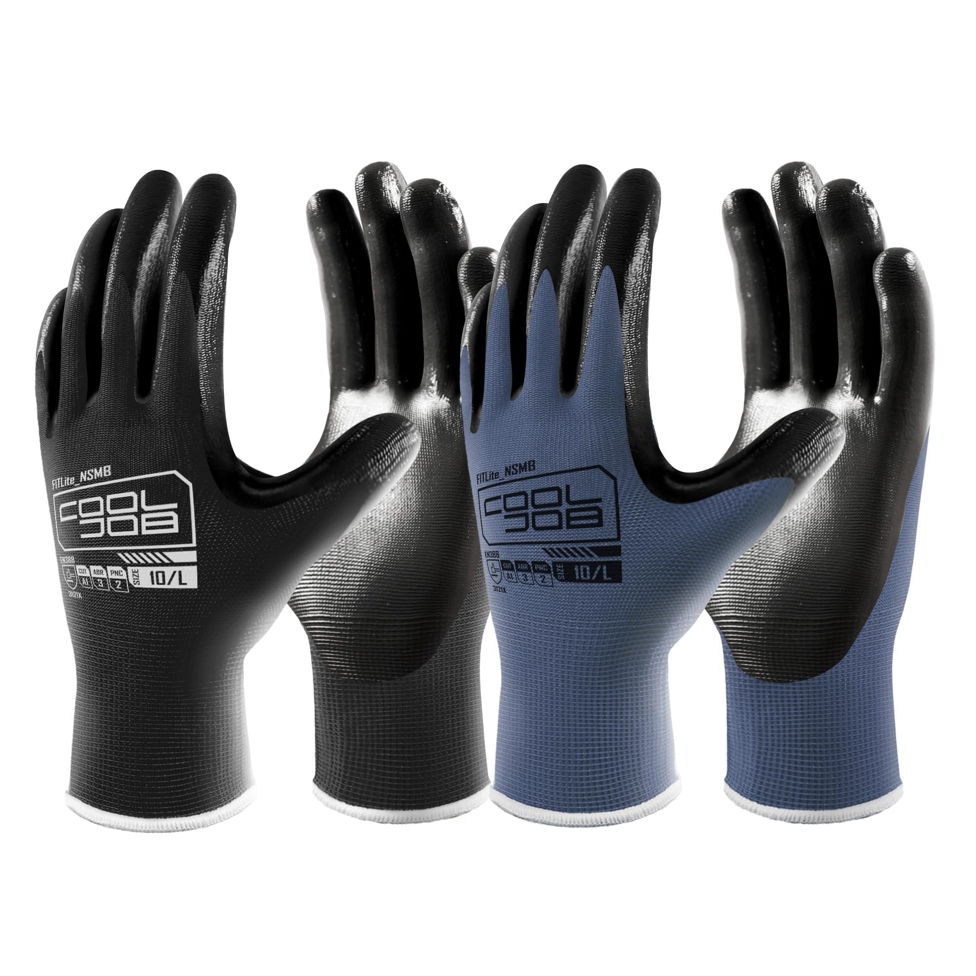 COOLJOB 10 Pairs Nitrile Dipped Safety Work Gloves with Grip, Non-slip Rubber Coated Bulk Garden Gloves for Men, Heavy-duty Oil Resistant for Truck Driver, Warehouse Box Handler, Xlarge, Black Blue