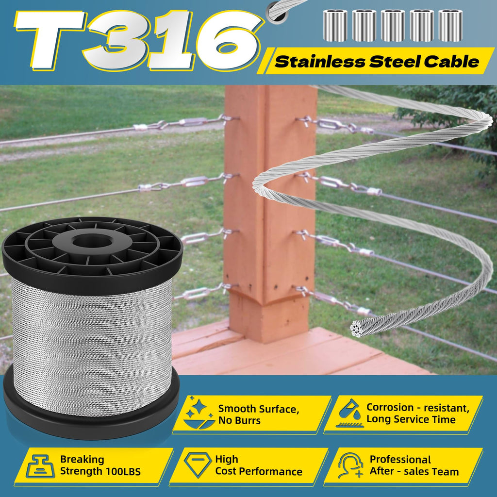316 Stainless Steel Cable, 200FT 1/32IN Wire Rope with 50Pcs Aluminum Sleeves Stops, for String Lights Hanging, Clotheslines, Trellis Wire