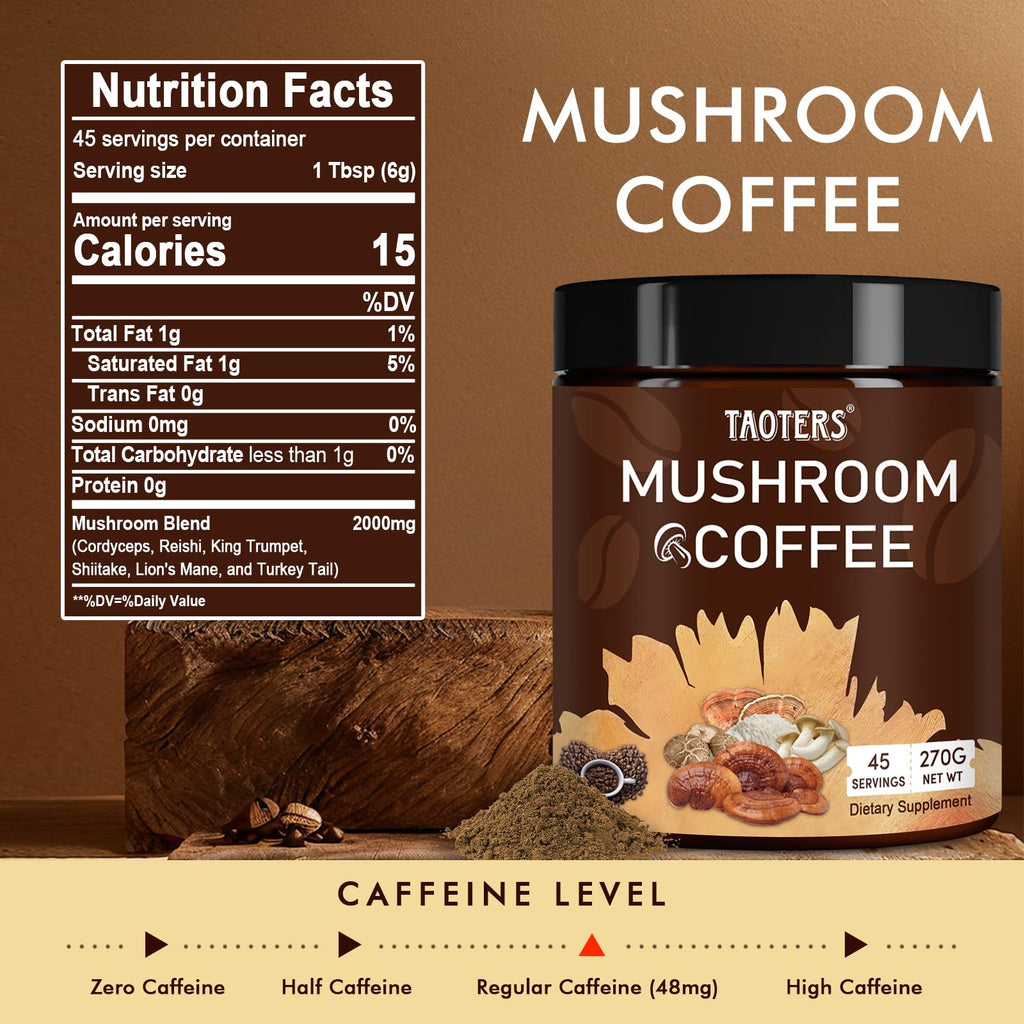 Mushroom Coffee | Enhanced Focus, Boosted Immunity, Improved Energy | 6 Adaptogenic Mushrooms: Cordyceps, Reishi, King Trumpet, Shiitake, Lion's Mane & Turkey Tail | 45 Servings