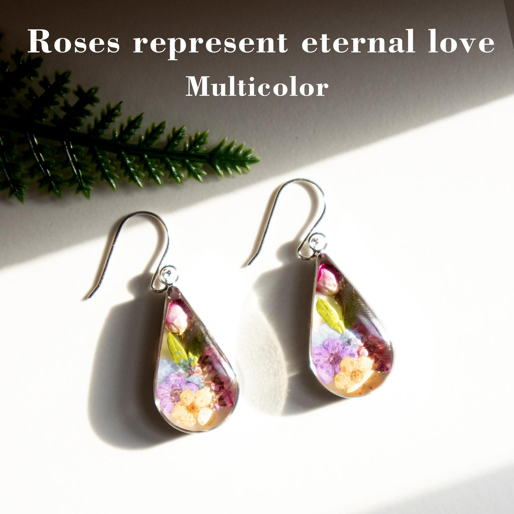 925 Sterling Silver Pressed Flower Teardrop Earrings,Hypoallergenic Women's Jewelry Gift for Mom and Wife,Handmade Natural Dried Flower Teardrop Earrings Jewelry Gift