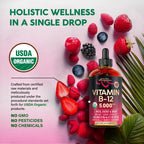 USDA Organic Vitamin B12 Sublingual Drops - 5000 mcg Liquid Vegan Methylcobalamin for Women & Men - Energy Boost, Focus & Mood, Brain Health Support - Maximize Absorption - 4 Month Supply, 4 fl oz