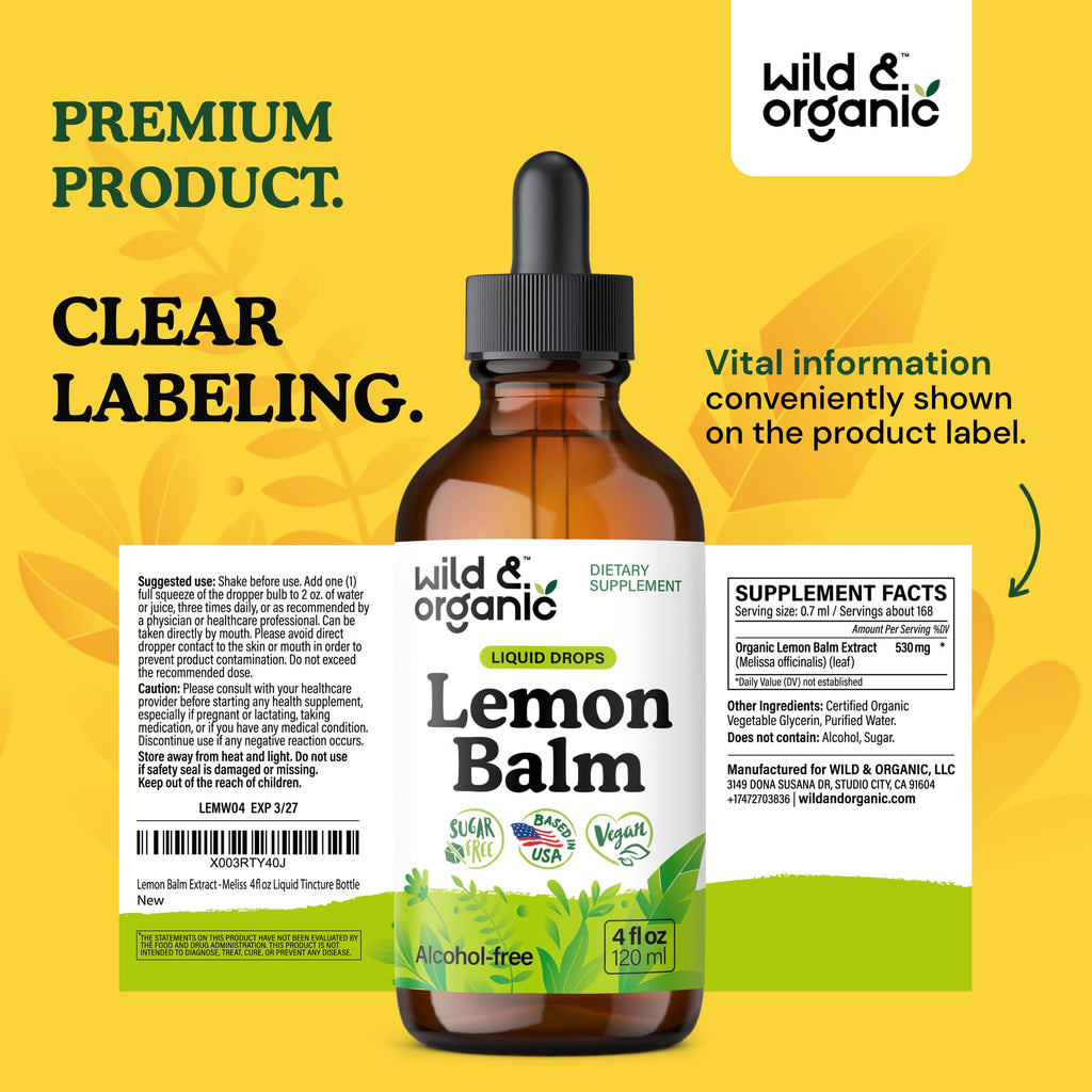 Wild & Organic Lemon Balm Tincture - Mood Support Supplement - Melissa Lemon Balm Leaf Extract Drops - Vegan, Sugar & Alcohol-Free Calming Supplement - 4 fl oz