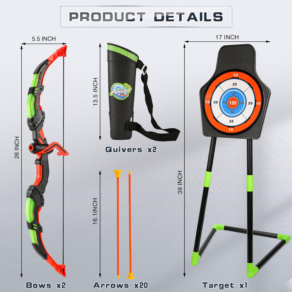 Bow and Arrow Set for Kids, 2-Pack LED Light Up Archery Set for Boys Girls