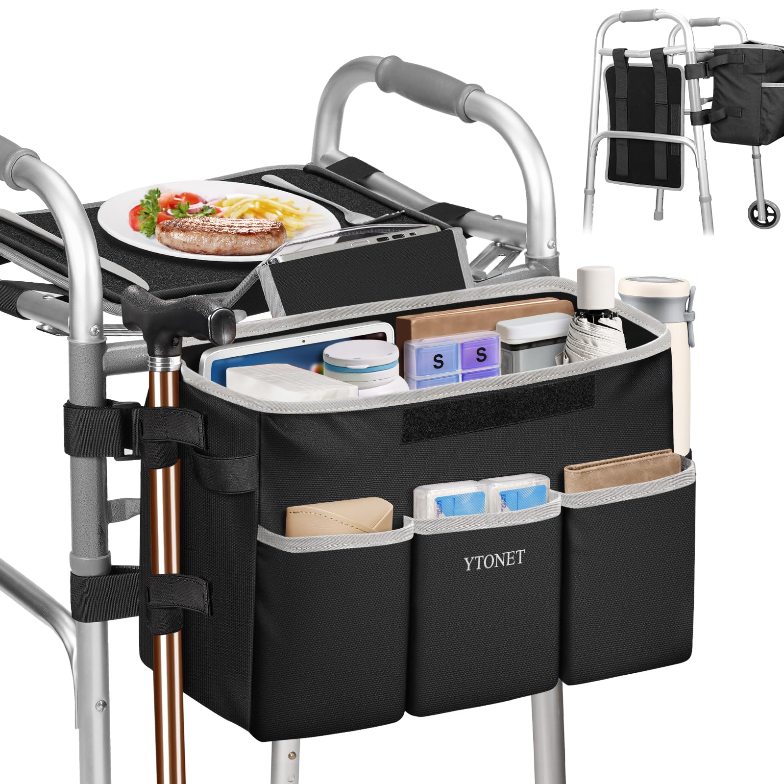 Ytonet Walker Basket with Tray, Detachable Walker Tray for Folding Walkers, Large Capacity Storage Basket with Phone and Crutch Holder, Water-Resistant Non-slip Walkers Accessories for Seniors (Black)