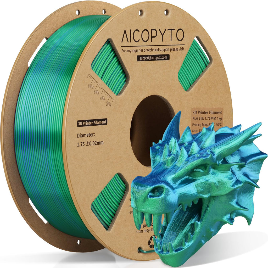 AICOPYTO Dual Color Silk PLA 3D Printer Filament 1.75mm, Dual Color 2-in-1 Green-Blue Silk Filament 1KG Spool (2.2lbs) Dimensional Accuracy Probability +/- 0.02mm Fits Most FDM 3D Printers, Blue-Green