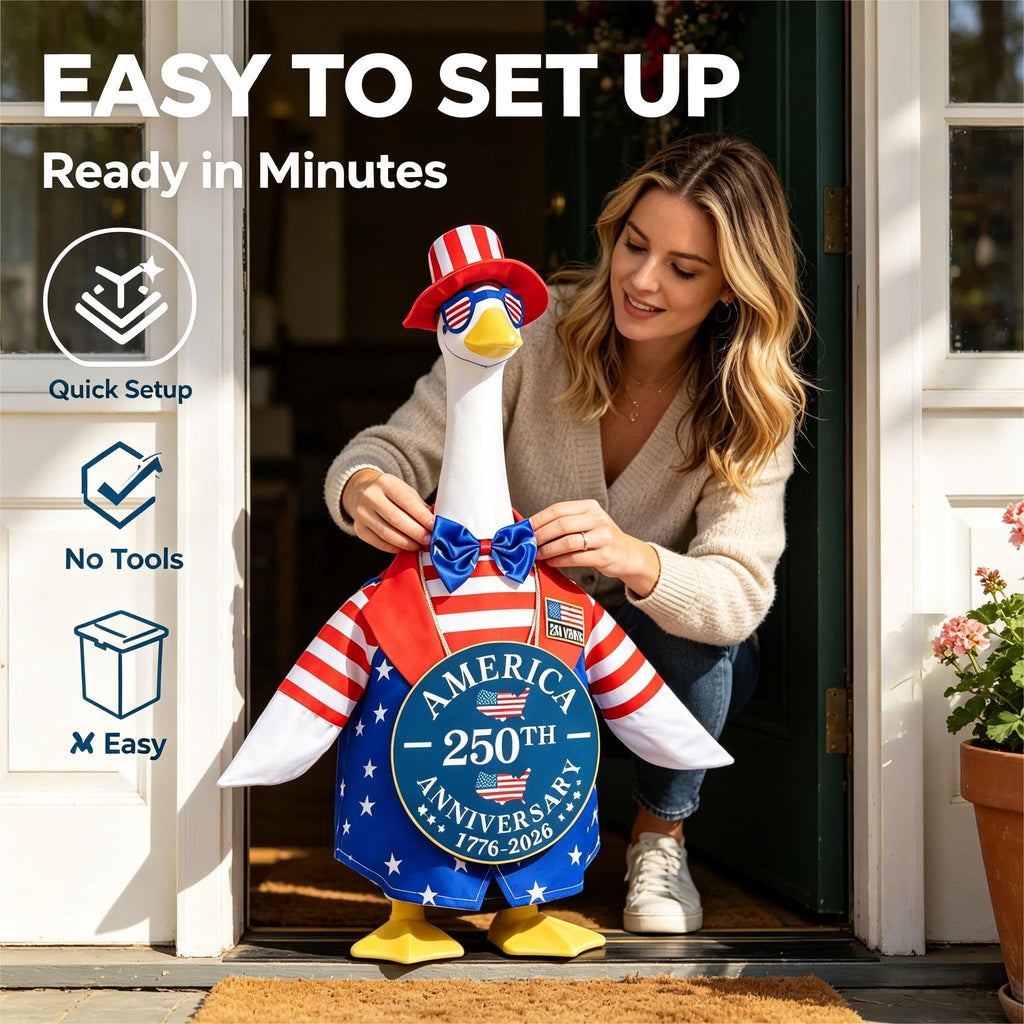 Porch Goose Outfit for 4th of July, America 250 Patriotic Goose Clothes for 23 Inch Lawn, Independence Day Porch Decor with Hat & Glasses, America 250th Anniversary Goose Outfit, 1776–2026 Sign & Pin
