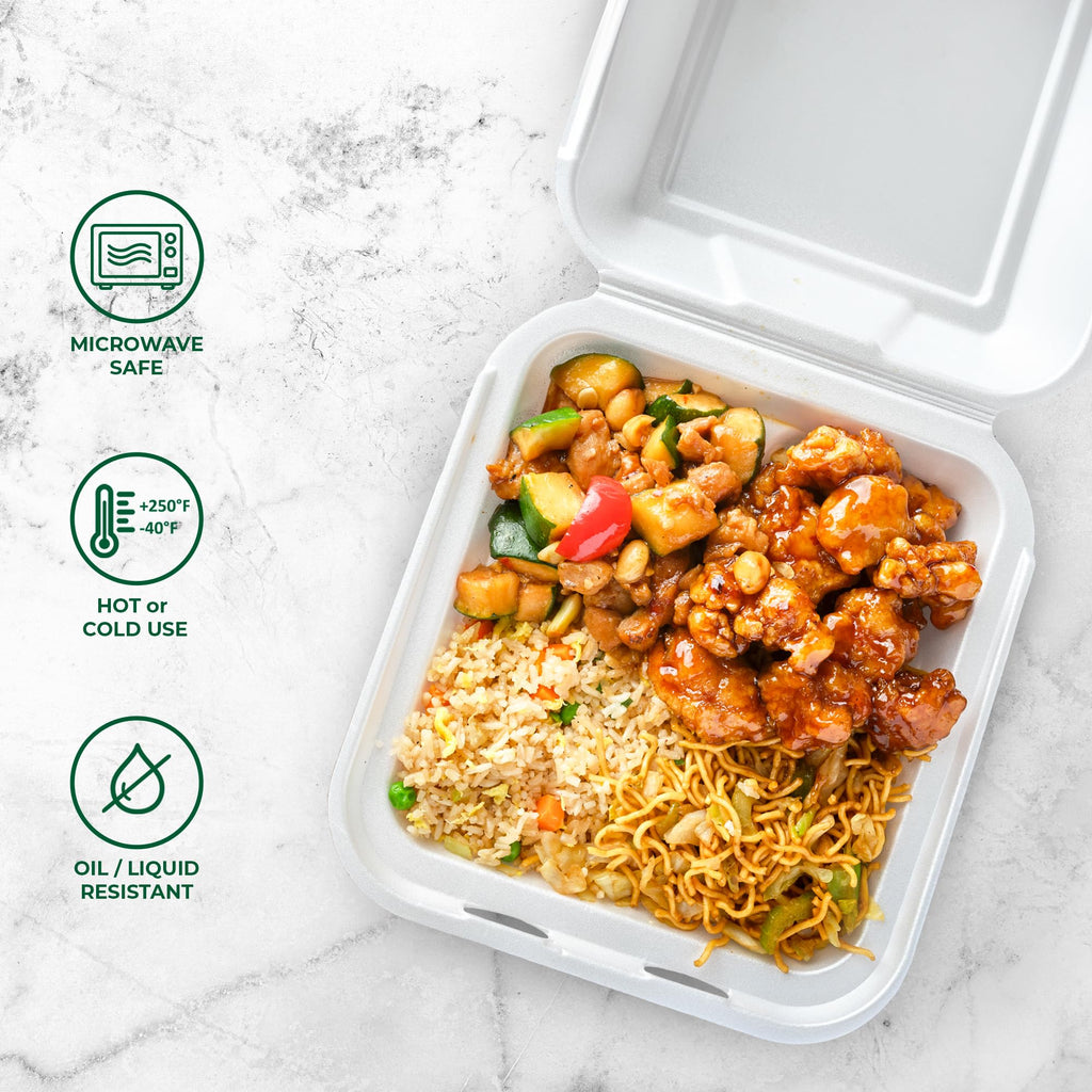 Freshware Compostable Clamshell Food Containers - 8x8" 50-Pack, Biodegradable Sugarcane To Go Boxes, Heavy Duty Paper Container - Microwave & Freezer Safe, Stackable