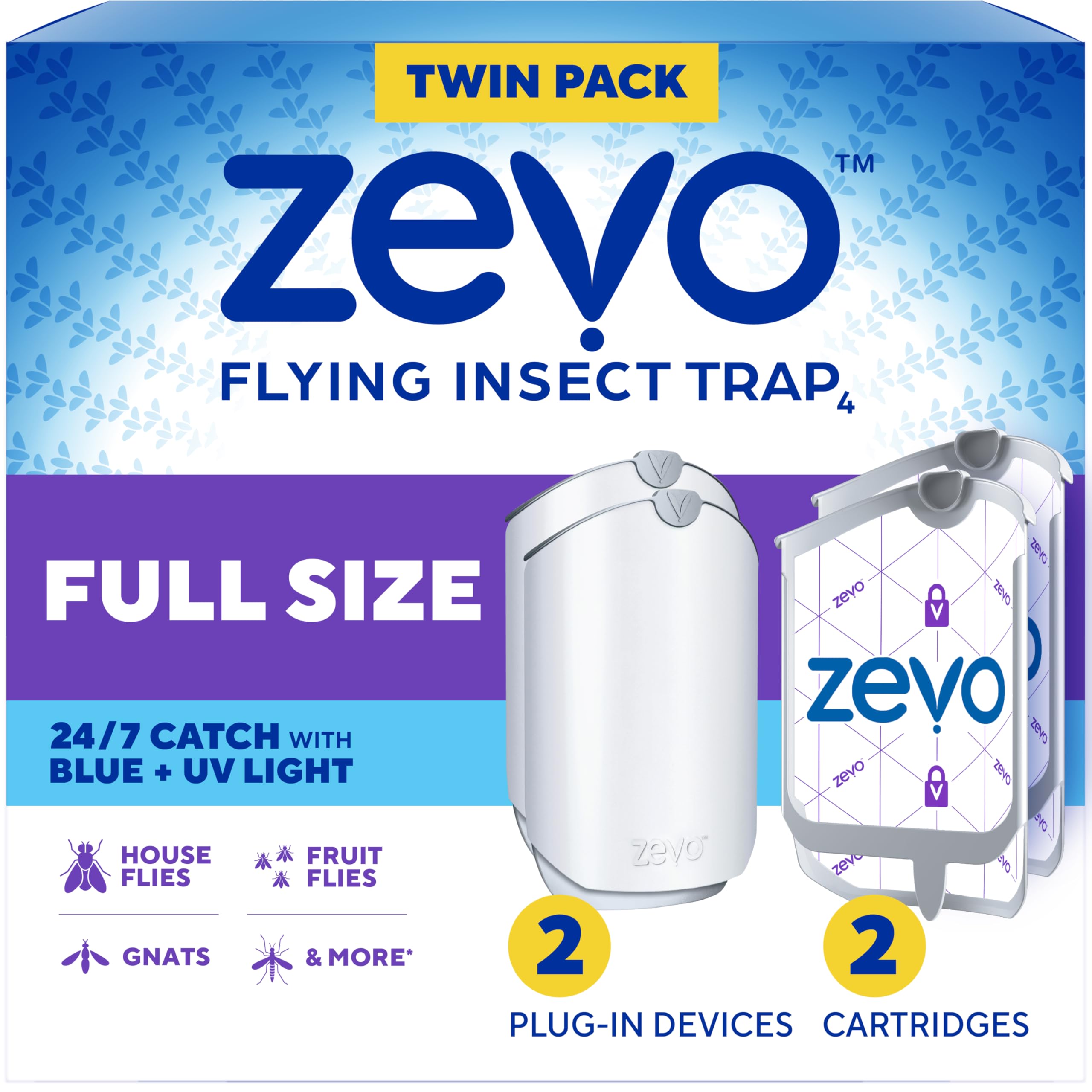 Zevo 2 Flying Insect Traps & 2 Cartridges - Plug-in Fly Trap & Indoor Insect Catcher for Gnats, Houses and Fruit Flies - Use in Any Room