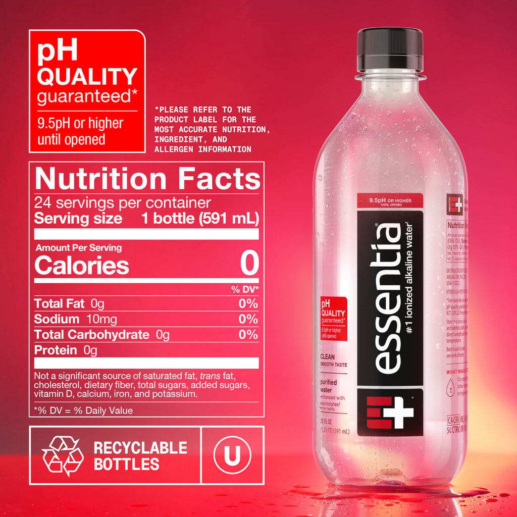 Essentia Ionized Alkaline Water, 9.5+ pH, 99.9% Pure, 24 x 20oz