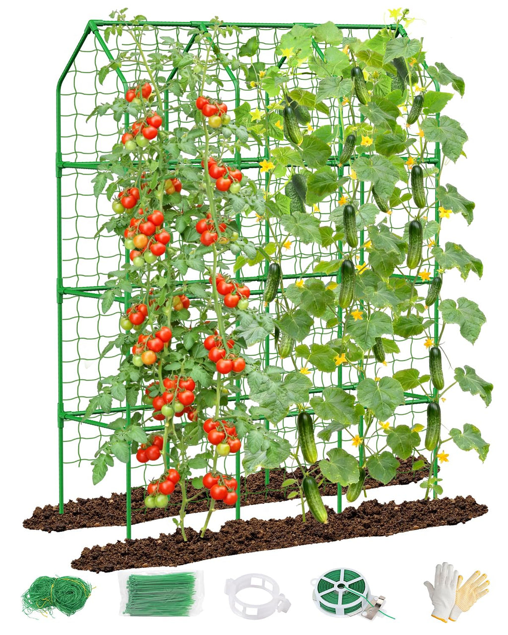 Cucumber Trellis for Climbing Plants Outdoor, A-Shape Garden Trellis for Raised Bed, Metal Plant Trellis with Garden Netting for Flower Vegetables, Pea, Grape ((67 * 17 * 65inch(L*W*H), Trellis)