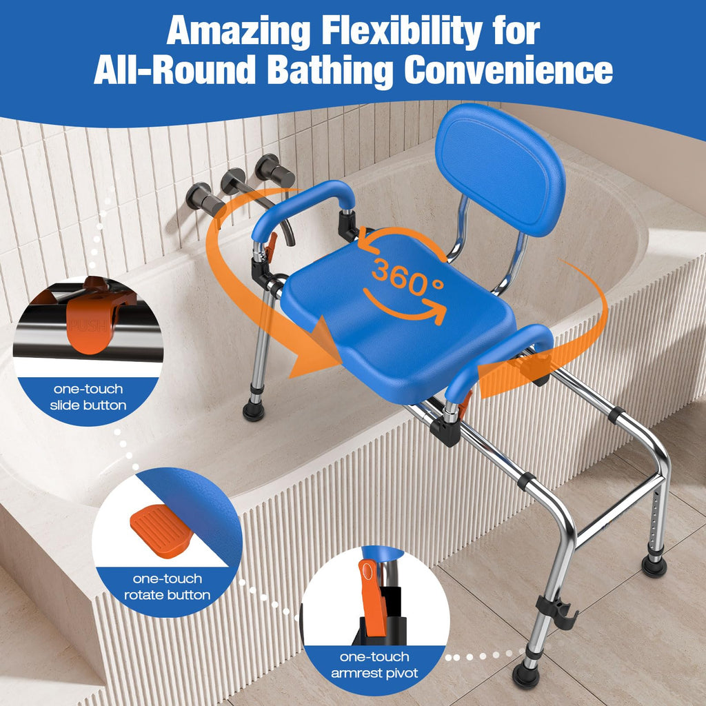 WHLICKS Sliding Shower Chair with Wide 360° Swivel Seat, 450lbs Tub Transfer Bench for Bathtub, Adjustable Height and Arms Width Shower Seat for Inside Shower, Shower Chair for Elderly and Disabled