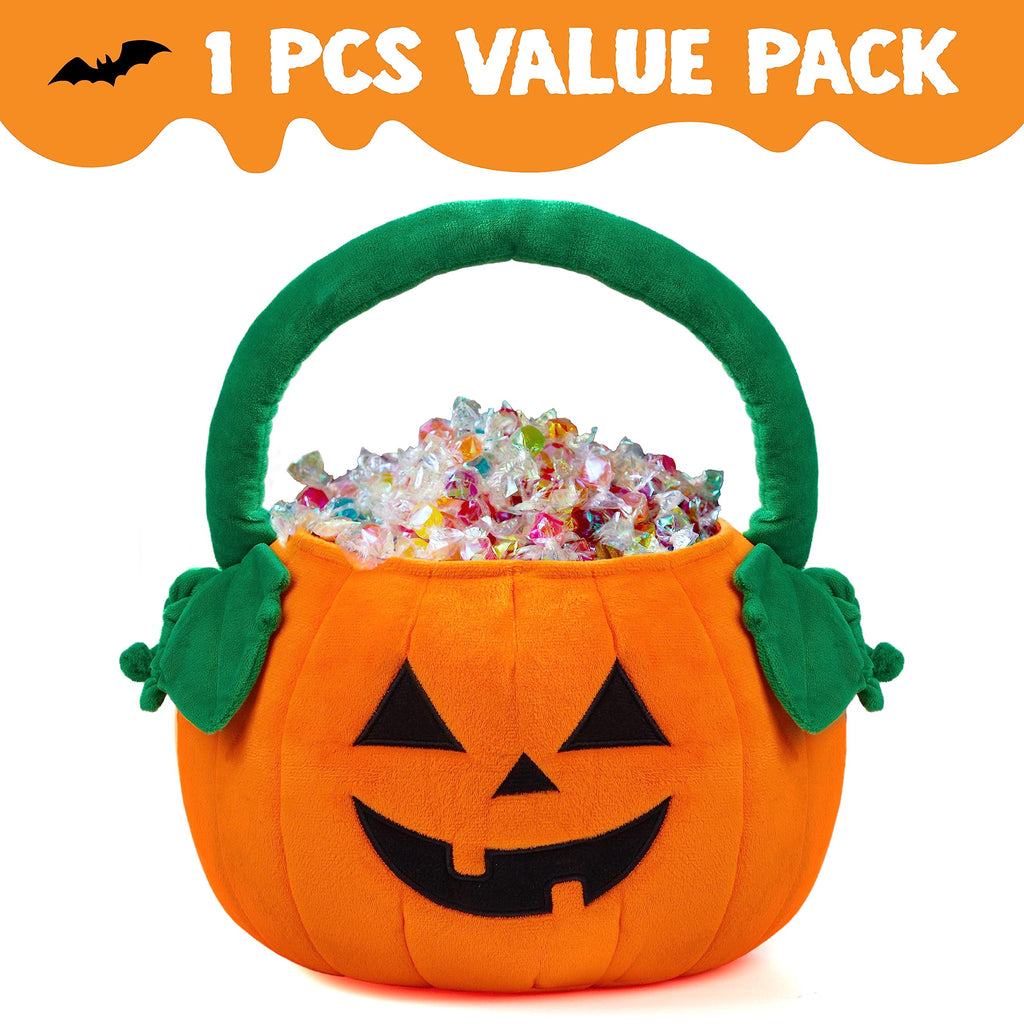 JOYIN Halloween Pumpkin Plush Tote Bucket, 11 X 13.4 inches Candy Trick or Treat Bag, Cute Halloween Basket with Handle for Kids Girl Boy Trick or Treating, Party Favor Supplies, Kids Gifts Goody Bag
