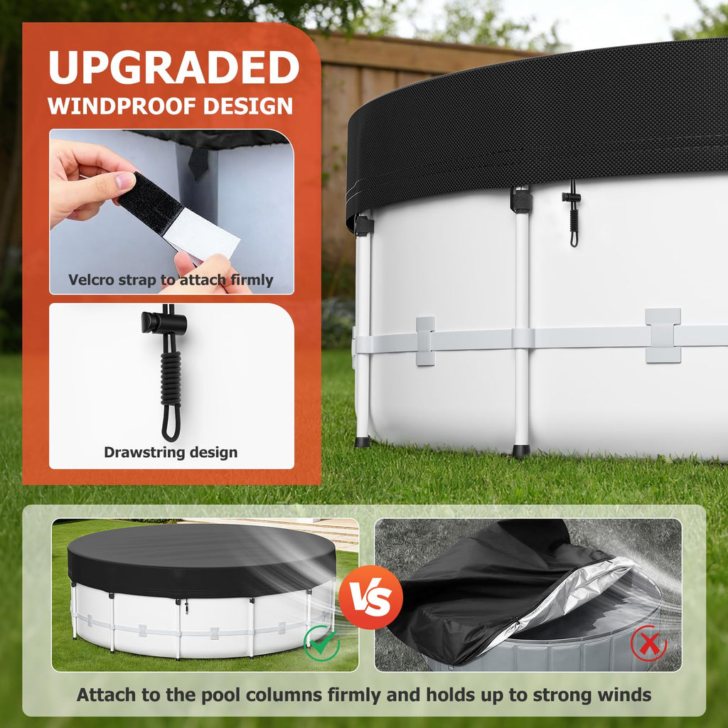 12 Ft Round Pool Cover for Metal Frame Above Ground Pools - Upgraded Windproof Design Compatible with Intex/Bestway Frame Above Ground Outdoor Swimming Pool (Black)