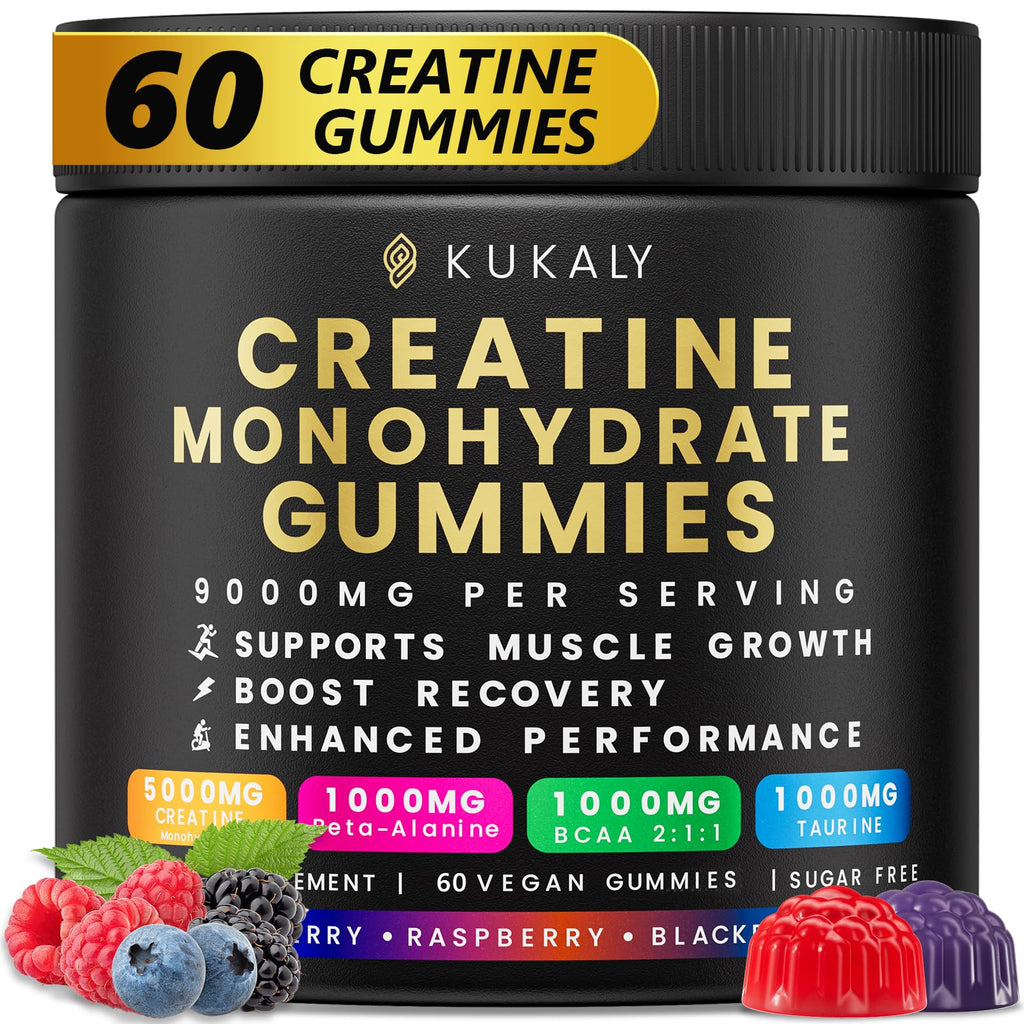 kukaly Creatine Monohydrate Gummies for Men & Women, 9000MG Creatine Gummies Sugar Free - Mixed Flavored with L-Taurine, BCAA 2:1, B12 B6 for Boost Strength, Focus & Endurance, Vegan, Non-GMO, 60pcs