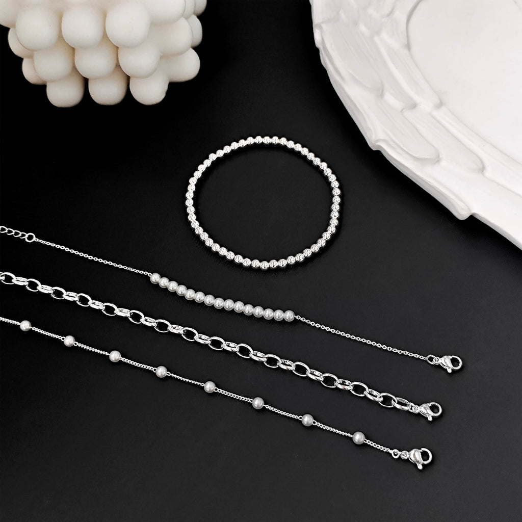 Zeffy Pearl Bracelets for Women, Silver Pearl Beaded Stackable Bracelets Charm Dainty Pearls Bracelet Stack Paperclip Link Chain Layered Bracelet Trendy Silver Bridesmaid Jewelry Set for Women