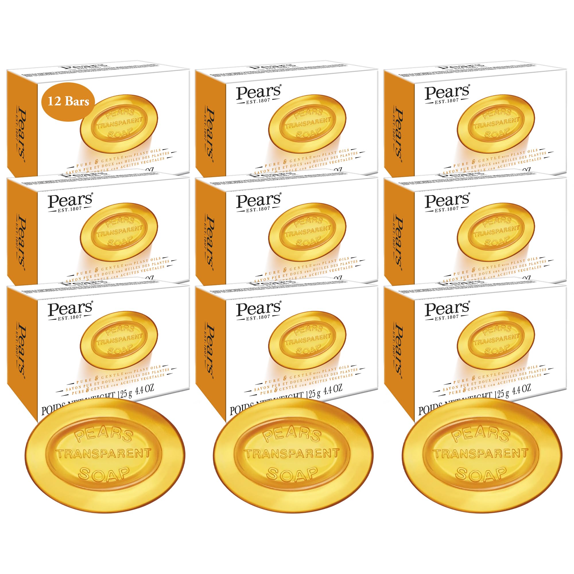 Pears Soap, Pure & Gentle with Natural Oils, 12-Pack – Transparent Amber Glycerin Soap for Pampered, Glowing Skin, 4.4 Oz Ea