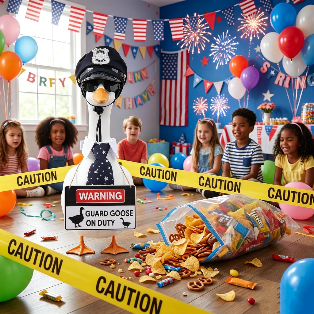 yuboo 4Pcs Police Officer Porch Goose Outfit, Funny Guard Goose Clothes for 23 Inch Large Geese, Includes Hat Sunglasses Tie & Warning Sign, 4th of July Summer Garden Yard Decor