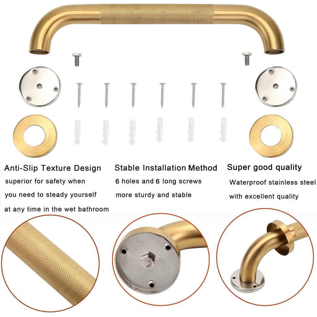 Rackickyer Shower Grab Bar, 2 Pack 16 Inch Gold Bathroom Grab Bar, 1.25" Diameter 304 Stainless Steel Anti-Slip Grab Bars for Bathtubs and Showers, Handicap Shower Grab Bar for Seniors Elderly