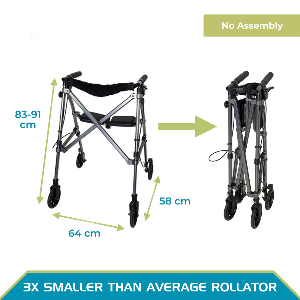 Stander Wonder Rollator, Lightweight Folding Space Saver Mobility Rolling Walker for Seniors and Adults, 6-inch Wheels, Locking Brakes, and Padded Seat with Backrest, Black Walnut