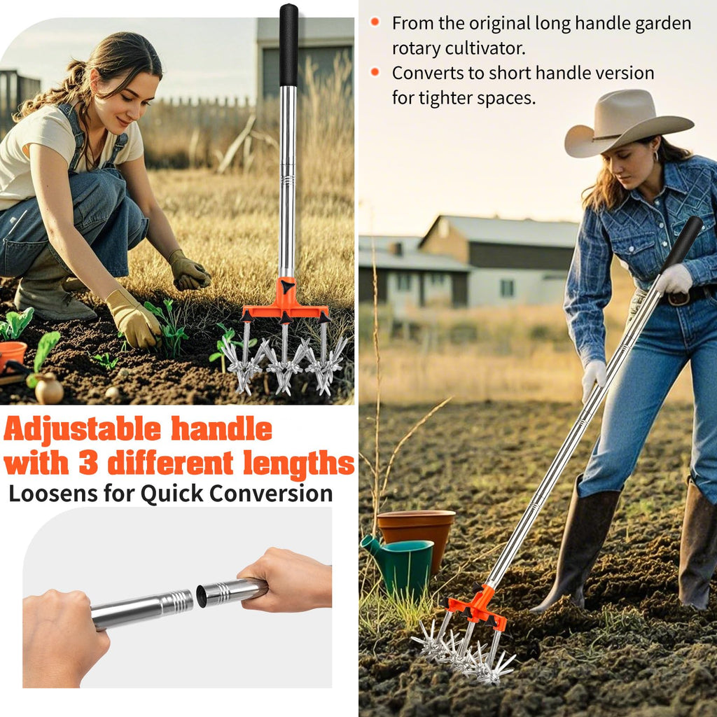 Rotary Cultivator, Adjustable Garden Hand Tiller - Hand Cultivator Tool for Soil Mixing or Reseeding Grass Lawn Tiller, Soil Tiller for Gardening