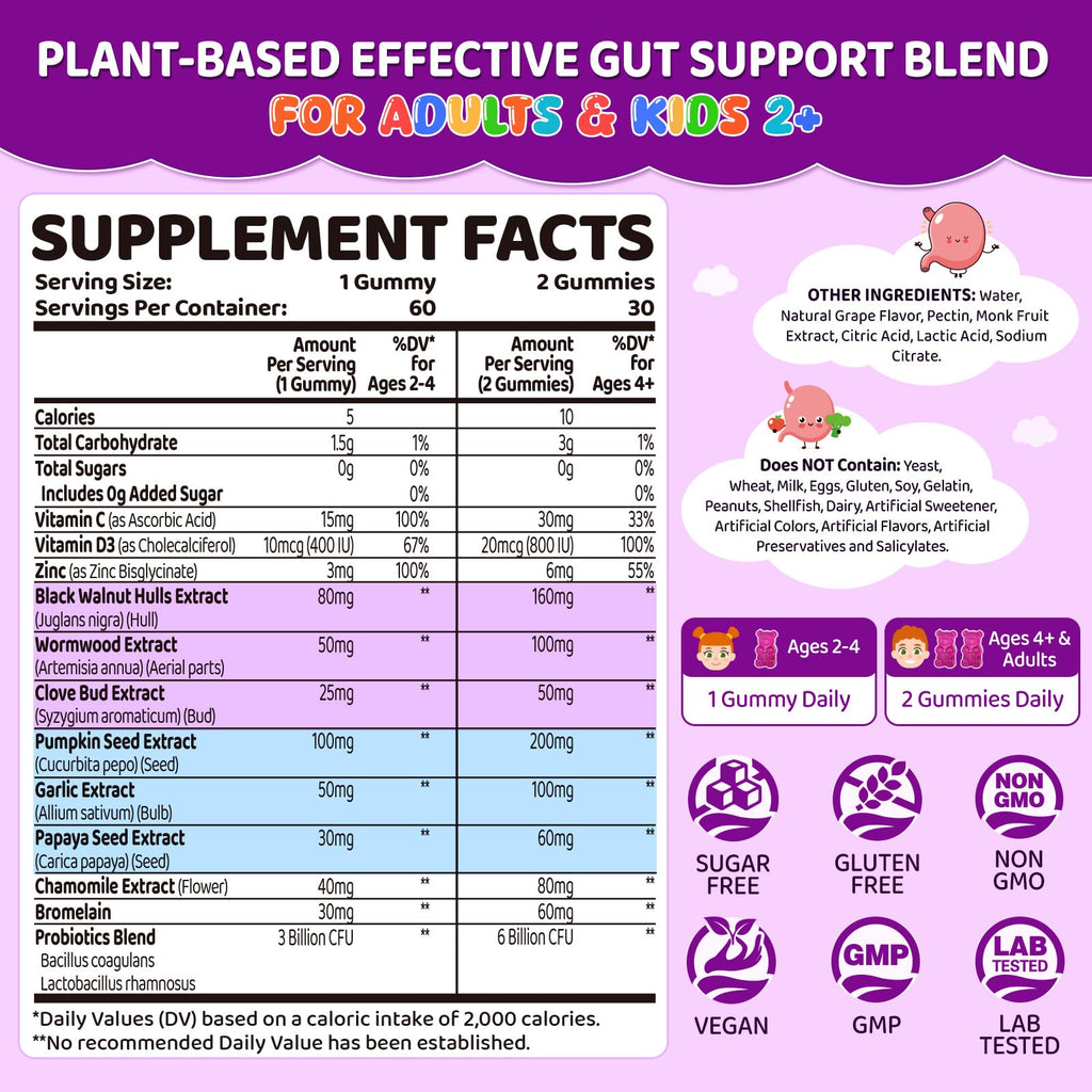 NATISLAND para Cleanse for Humans & Kids, Herbal Gut Health Gummies with Wormwood Black Walnut Clove, Pumpkin Seed & Papaya Seed, Sugar Free, Vegan, Grape Flavor, 60 Gummies