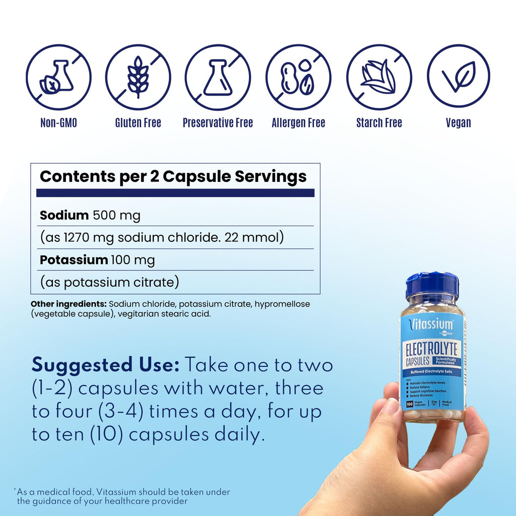 Vitassium Electrolyte Capsules, Electrolytes for The Management of POTS and High Sodium Diets (500mg Sodium - 100mg Potassium), Unflavored, 100 Salt Pills (Size 0)