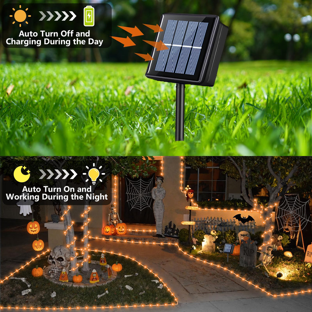 YEGUO Solar Halloween Lights, 2 Packs Each 33ft 100 LED String Lights Outdoor Waterproof, 8 Modes Fairy Lights in Clear Thin Tube for Camping Fence Patio Garden Trampoline Deck(Orange)