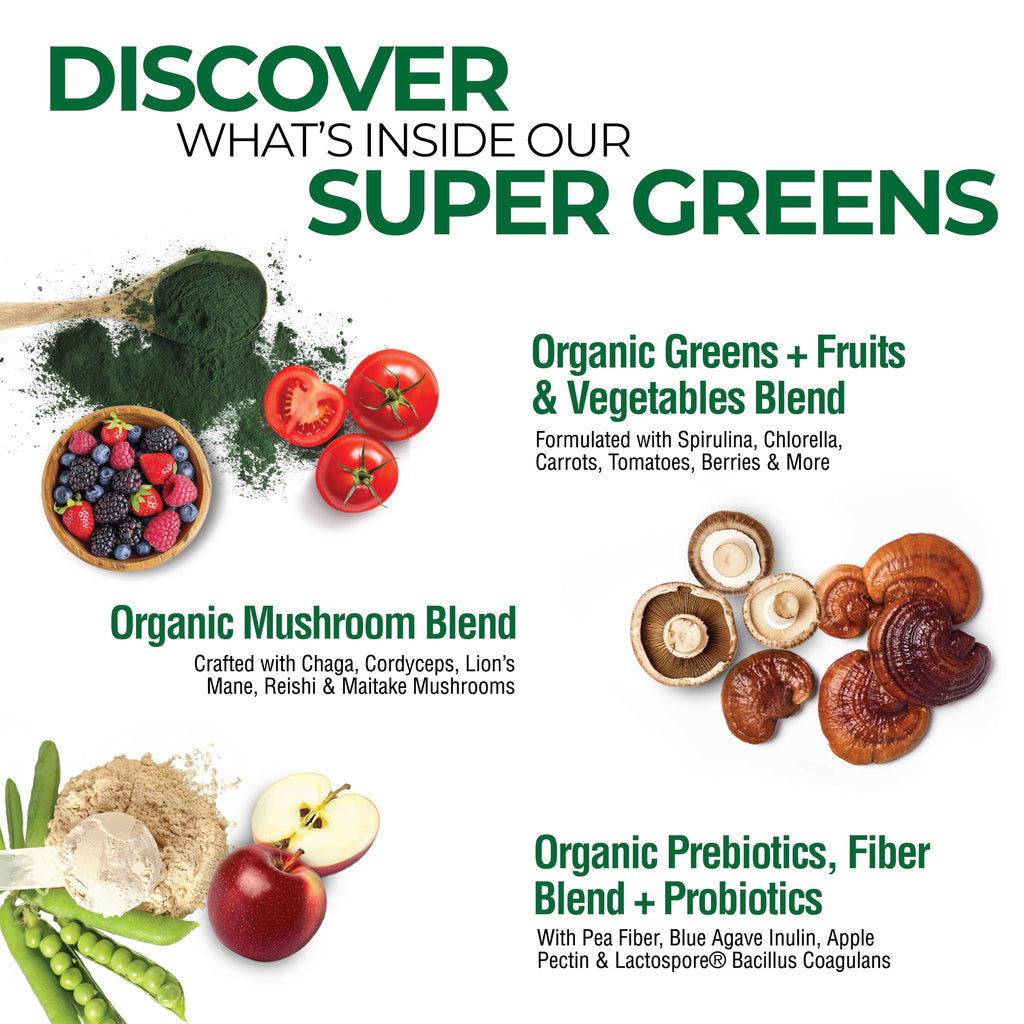 Country Farms Organic Super Greens Natural Flavor, 50 Organic Super Foods, Packed with Fiber, USDA Organic Drink Mix, Fruits, Vegetables, Mushrooms & Probiotics, Supports Energy, 6g Fiber