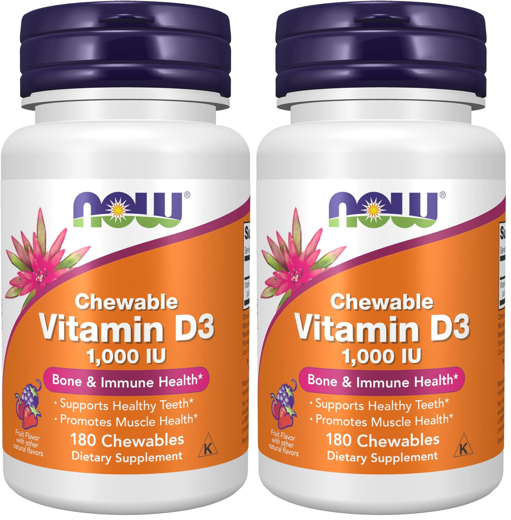 NOW Foods Supplements, Vitamin D-3 1,000 IU, Natural Fruit Flavor, Structural Support*, 180 Chewables (Pack of 2)
