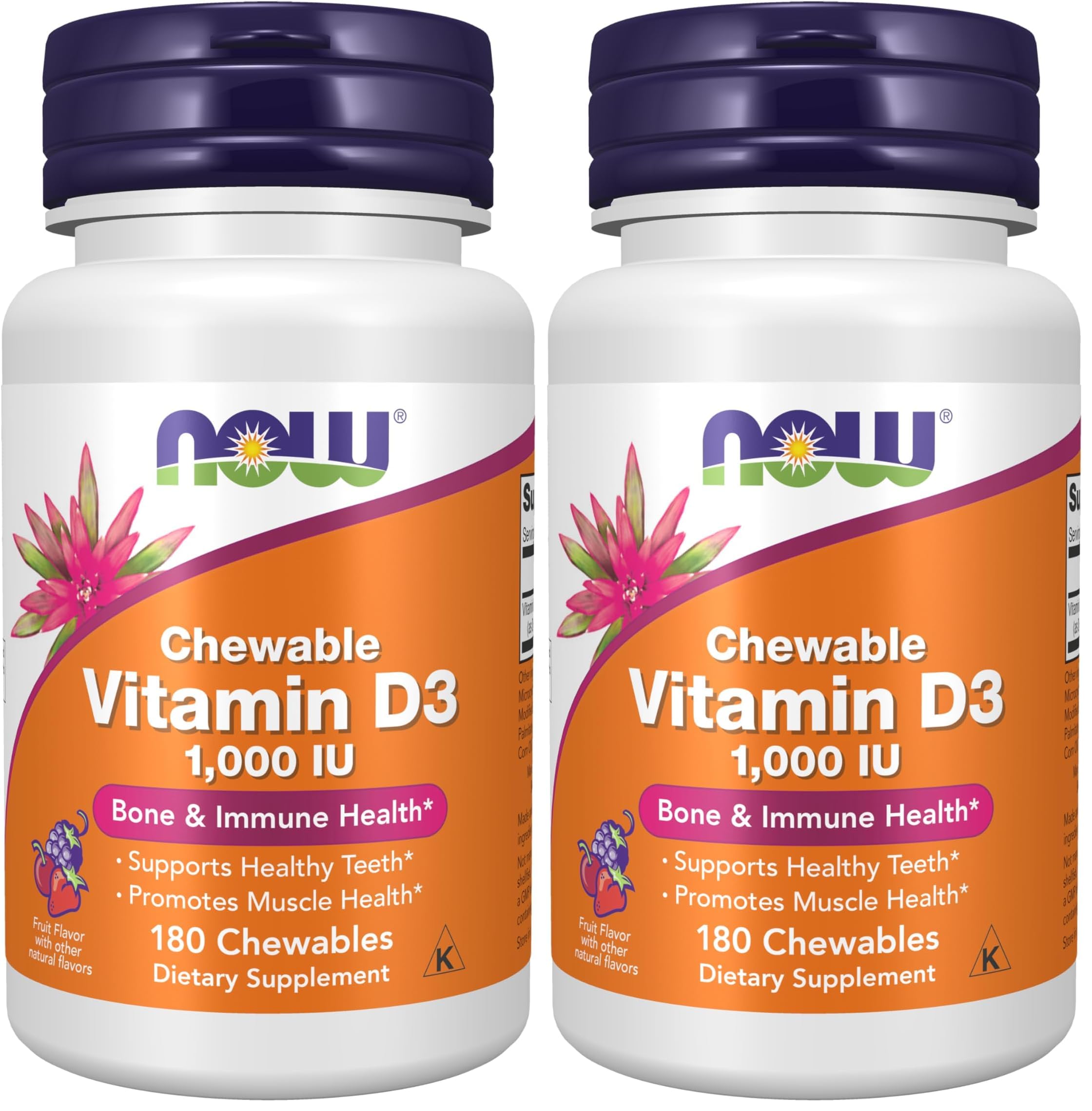 NOW Foods Supplements, Vitamin D-3 1,000 IU, Natural Fruit Flavor, Structural Support*, 180 Chewables (Pack of 2)