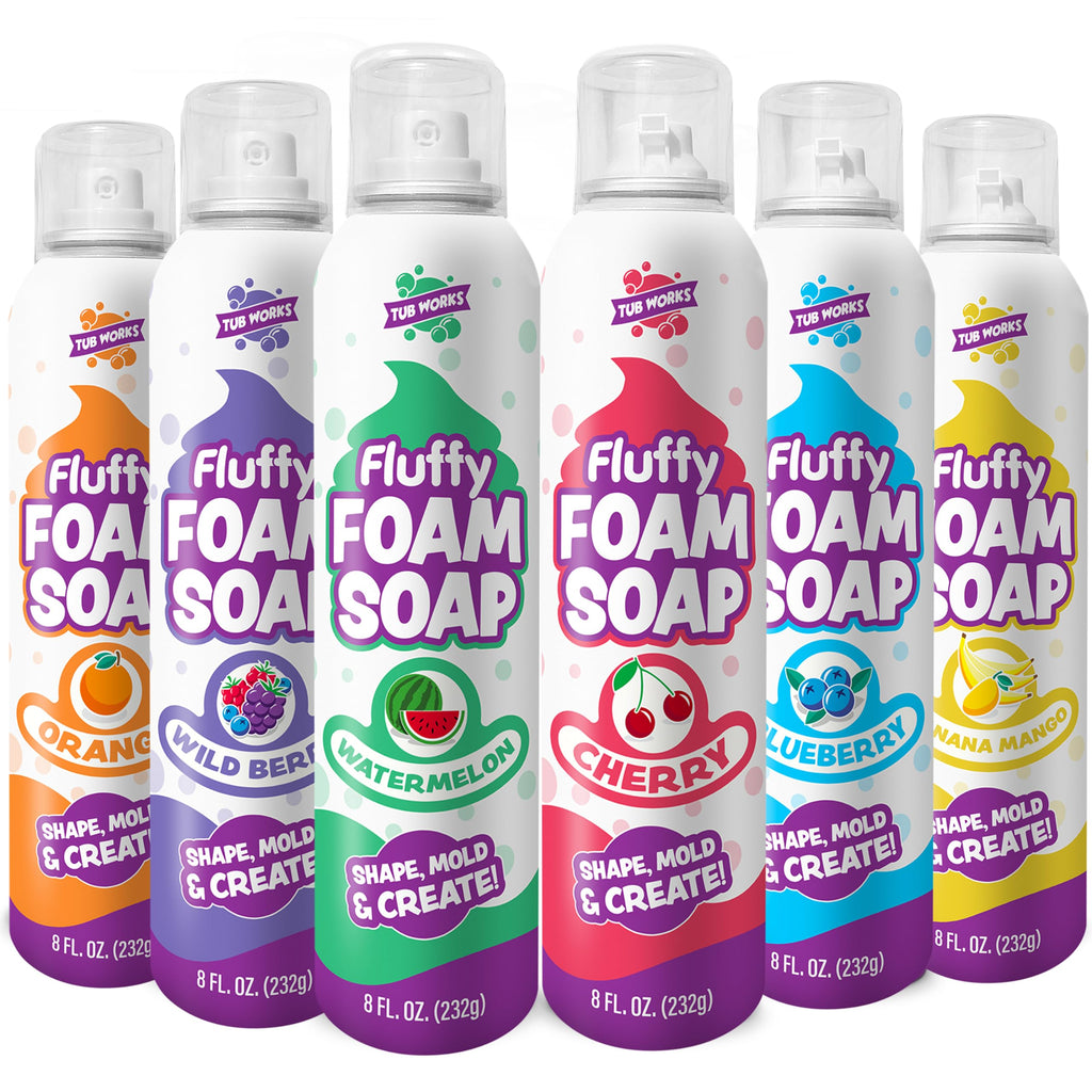 Tub Works® Fluffy Foam Soap, Variety 6 Pack | Shape, Mold & Create Bath Art with Soft Bath Foam for Kids | Gentle, Cleansing Kids Bath Soap | Easy-to-Use Spray Nozzles | Fruity, Fun Bath Colors