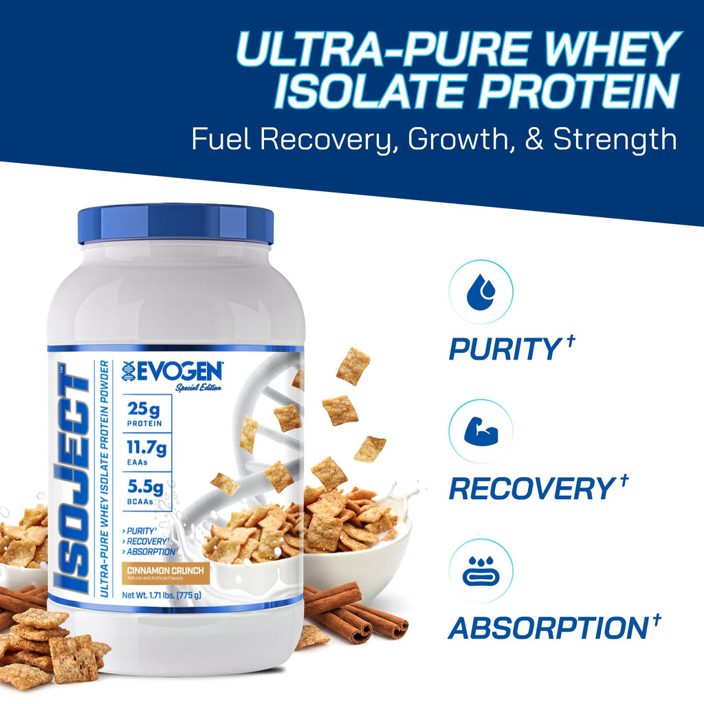 Evogen Isoject - Whey Protein Isolate | Ultra-Pure Whey Protein Powder with Ignitor Enzymes, BCAAs, and EAAs | Enhanced Absorption & Recovery | Cinnamon Crunch | 26 Servings