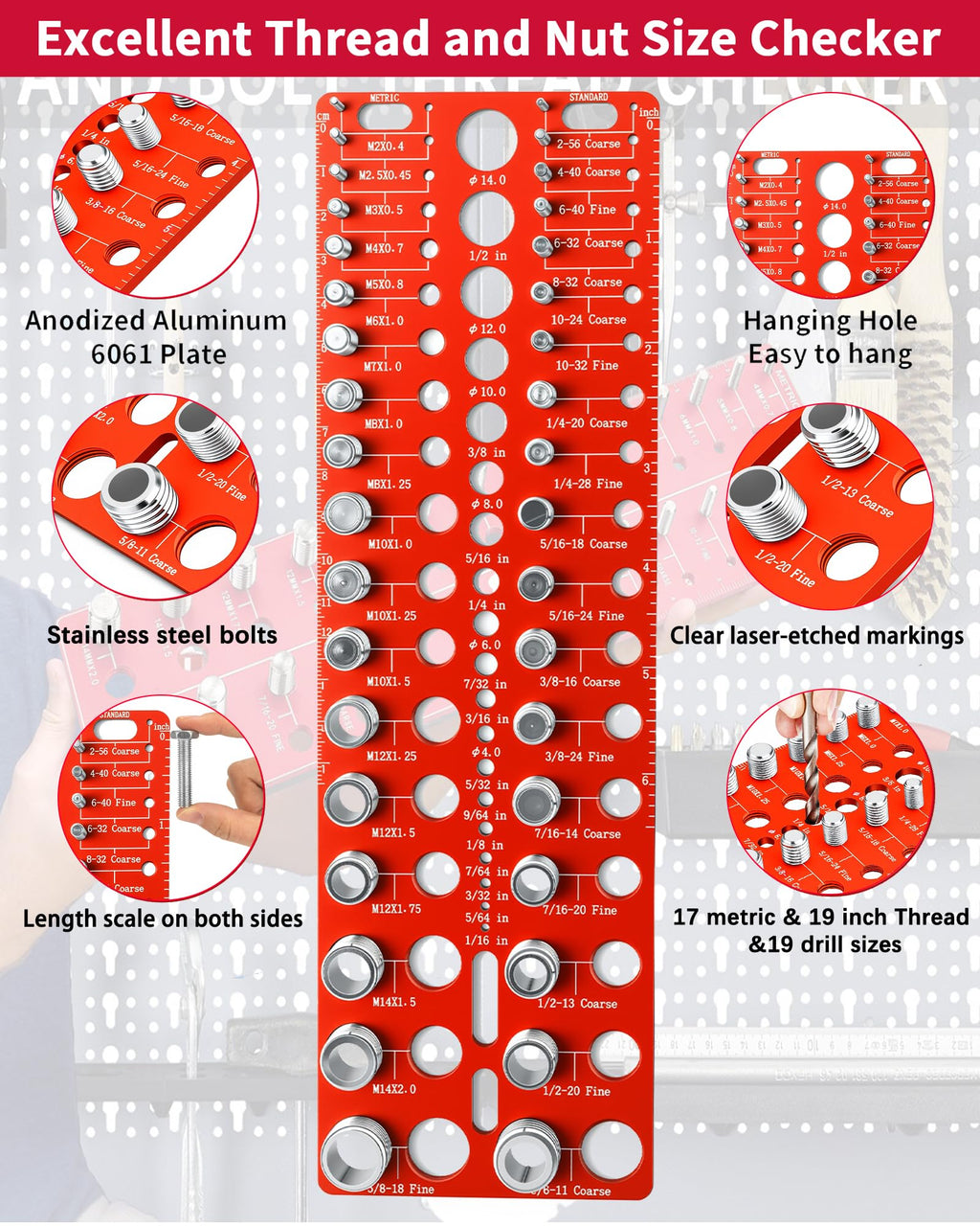 Manalete Thread Checker, 55 Nut and Bolt Thread Checker, Screw Size and Thread Identifier Gauge with 19 Standard & 17 Metric &19 Drill Bit Gauges, Bolt Size Finder for Quickly Identify Thread Sizes
