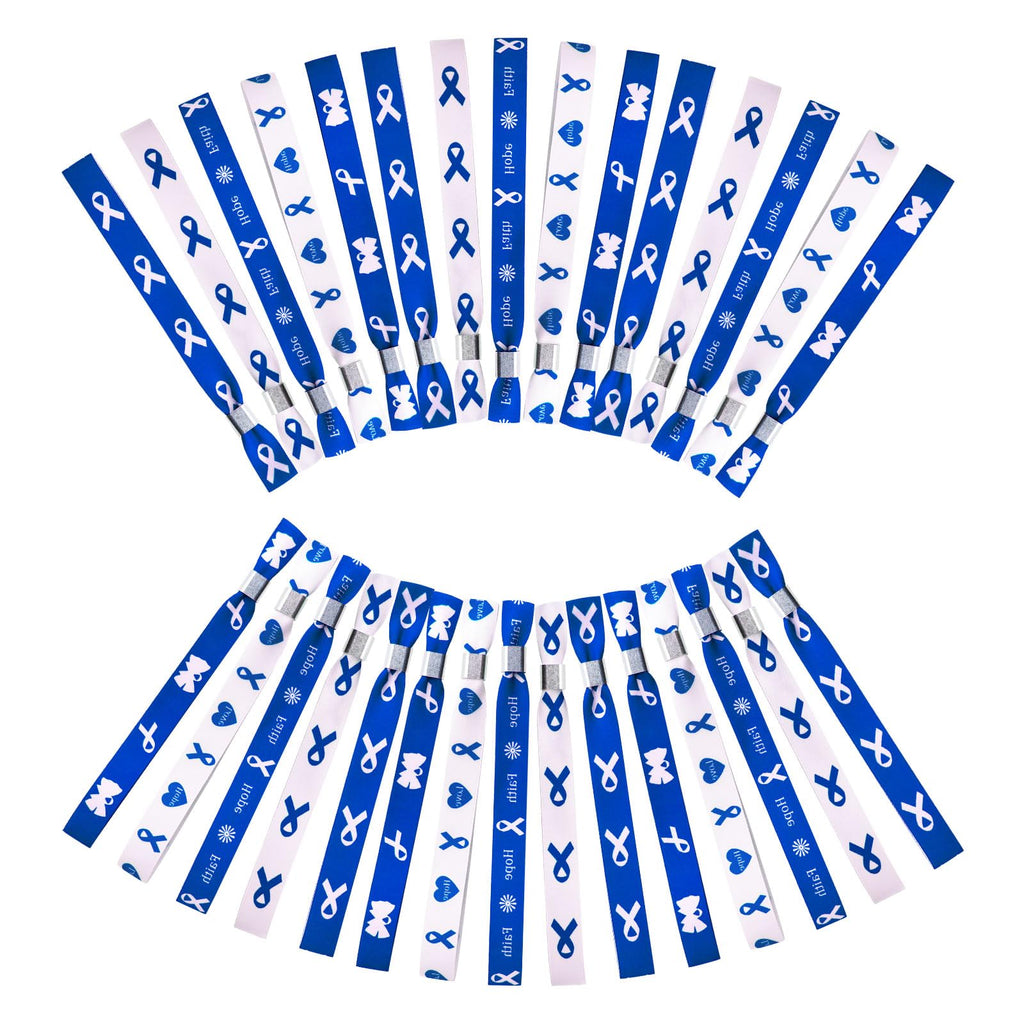 WANDIC Blue Ribbon Bracelets, 30 Pcs 5 Styles Colon Cancer Awareness Wristbands Adjustable Polyester Wrist Bands Wrist Strap for Public Event, 6.89 * 0.59in, Polyester, no Gemstone