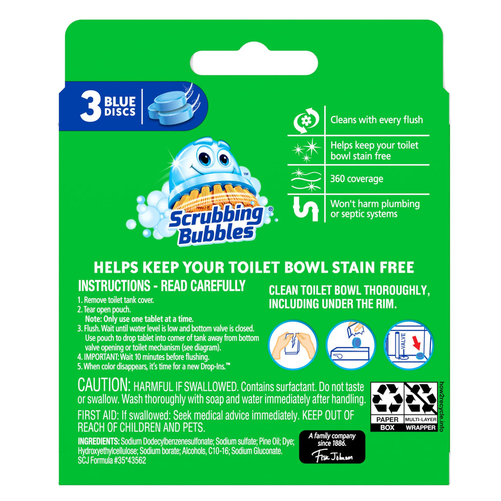 Scrubbing Bubbles Continuous Clean Toilet Drop-Ins, Automatic Blue Toilet Bowl Cleaner, Septic-Safe Tank Tablets Remove Hard Water Minerals & Limescale, Stain & Smell Protection, 3 Count (Pack of 1)
