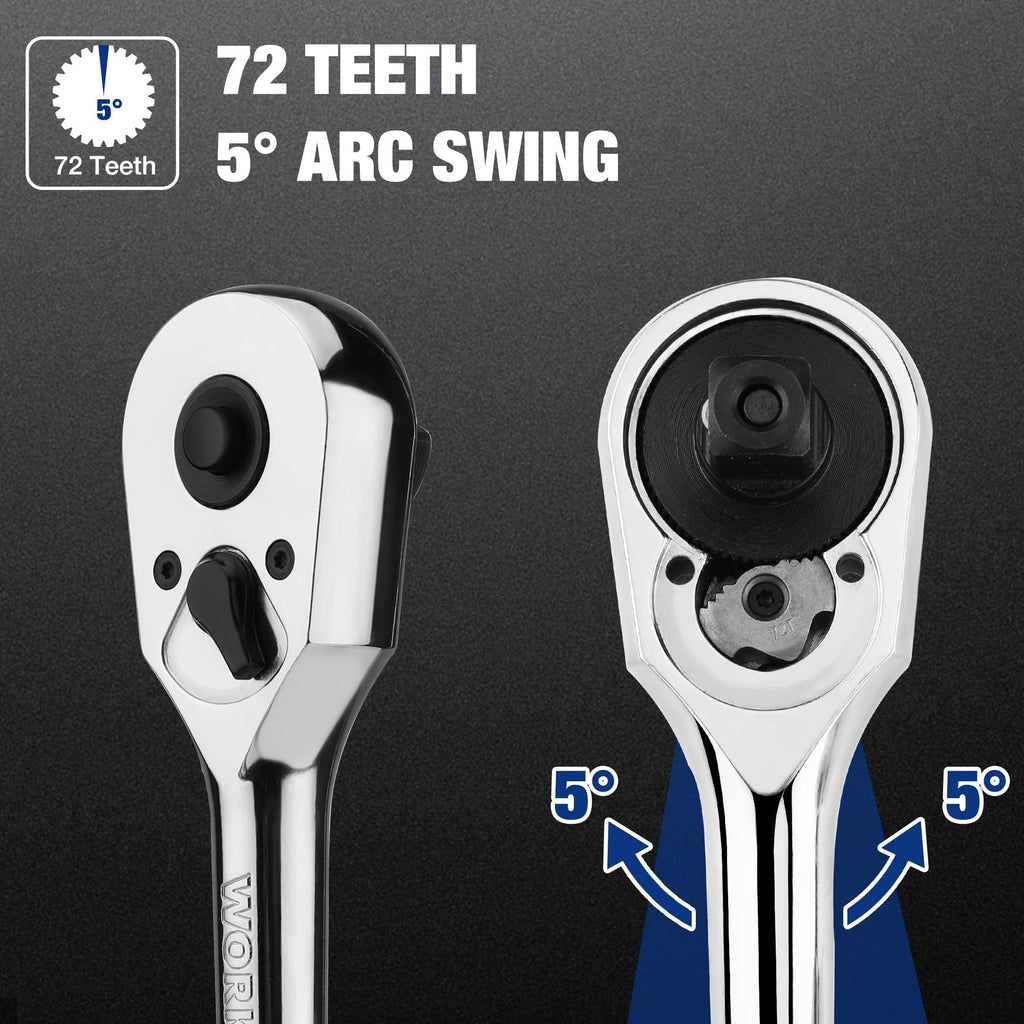 WORKPRO 1/2-Inch Drive Ratchet, Quick-Release Reversible Ratchet Wrench, 72-Tooth Handle, Chrome Alloy Made, Cr-Mo Head, Full Polished