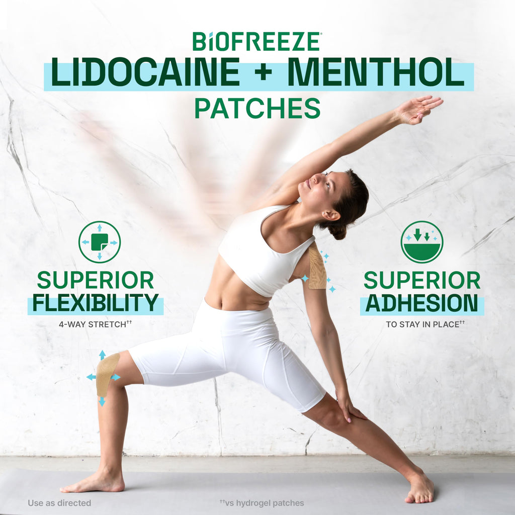 Biofreeze Ultraflex Maximum Strength 4% Lidocaine + 1% Menthol Patches, Non-Menthol, Flexible Pain Relief Patch for Lower Back, Neck, Knee, Shoulder, 4 Large Pain Patches (2 Pack)