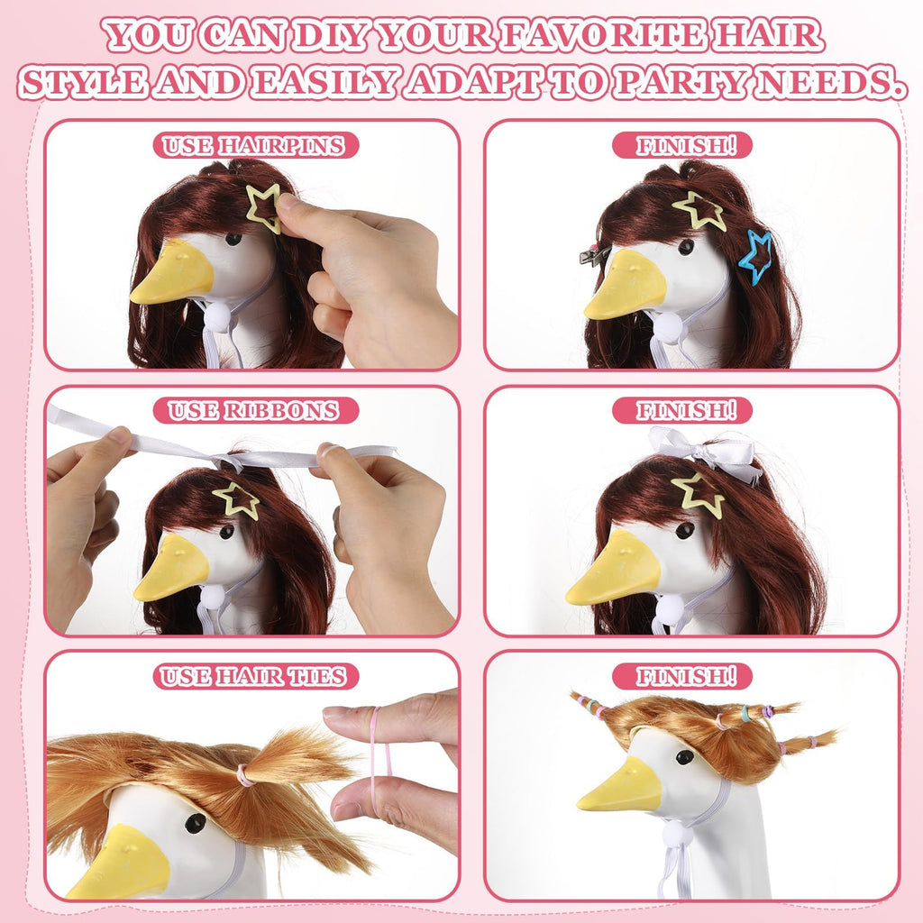OBUSATT 8 Pcs Porch Goose Wigs Set Cute Lawn Statue Braid Wig with Hair Clips, Hair Ties, Ribbons Porch Goose Outfit Costume DIY Wigs Accessories for Outdoor Garden Patio Yard Goosey Decoration