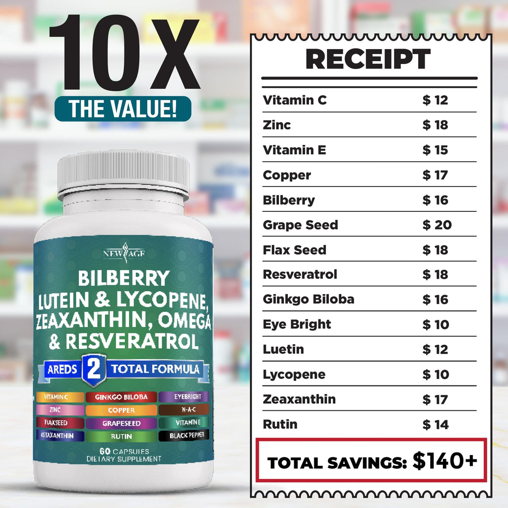 NEW AGE Eye Health Vitamins with Bilberry Lutein & Zeaxanthin Lycopene Resveratrol Grape Seed Extract Astaxanthin - Eye Vitamin - 180 Count
