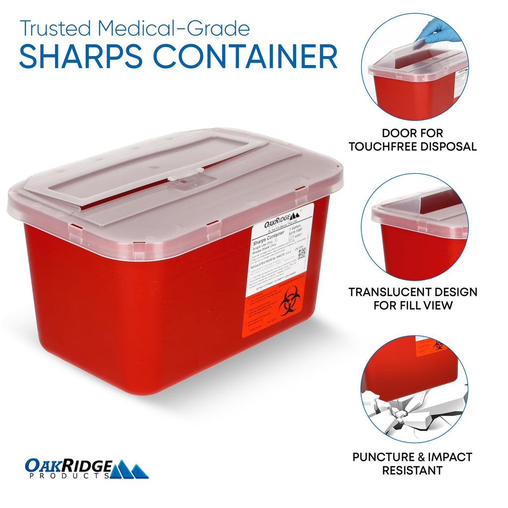 Oakridge Products Large Sharps Container for Home Use and Professional 1 Gallon (2-Pack), Biohazard Needle and Syringe Disposal, Pop Up Lid, CDC Certified