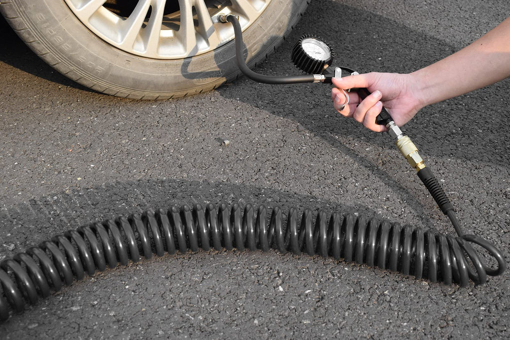YOTOO Polyurethane Recoil Air Hose 1/4" Inner Diameter by 25' Long with Bend Restrictor, 1/4" Industrial Quick Coupler and Plug, Black. 2-Pack