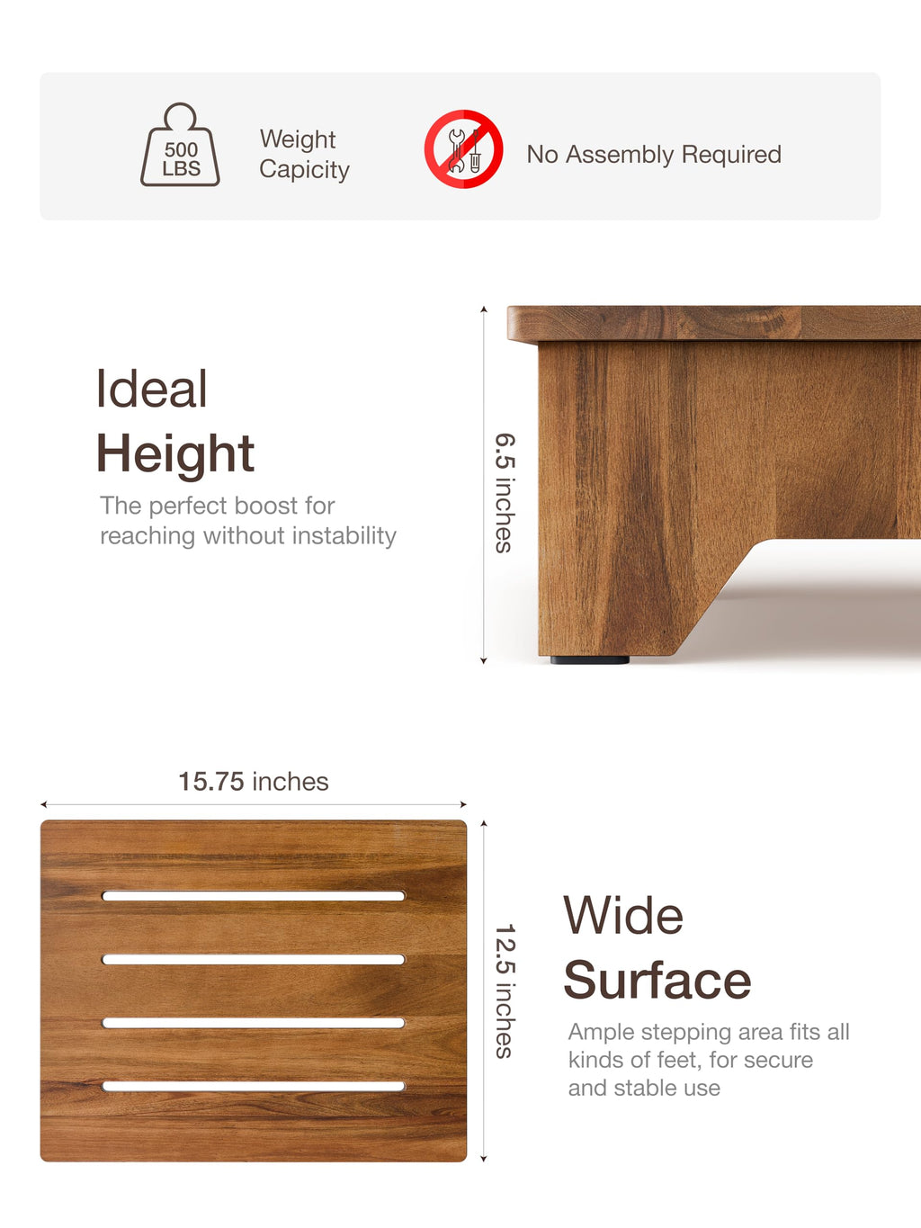 TINAMO 6.5” Acacia Wood Step Stool, Small Step Stool - 500LBS Weight Capacity Bed Steps for High Beds for Adults - Wood Step Stool, Wooden Stools for Outdoor - for All Ages, No Assembly Required