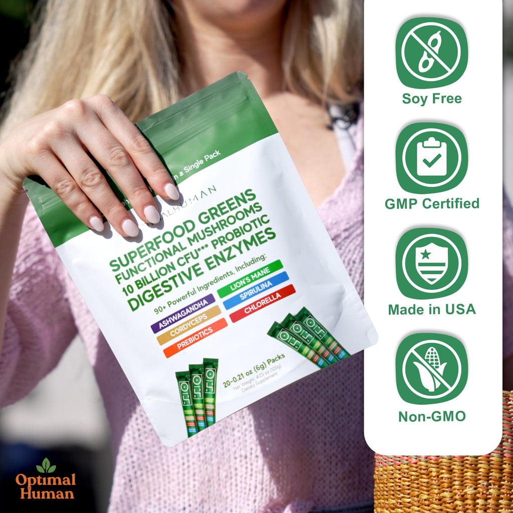 Optimal Human Superfood Greens Powder – 90+ Ingredient Blend with Lion’s Mane Supplement, Ashwagandha & Turmeric – Non-GMO, Soy-Free, Mushroom Supplements – 20 Sachets